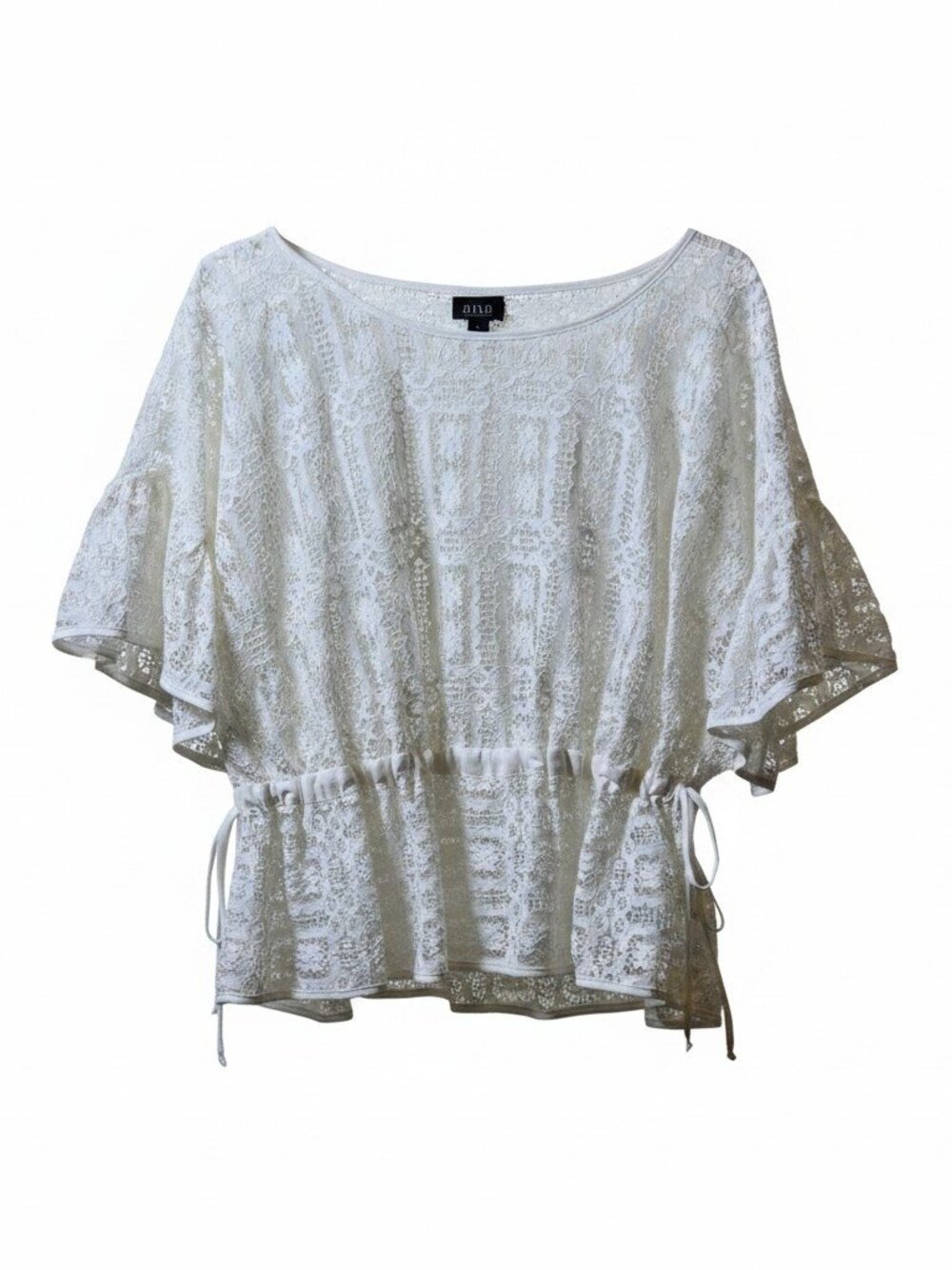 a.n.a White Lace Crochet Peplum Blouse L Boho Flutter Sleeve Tie Waist Top